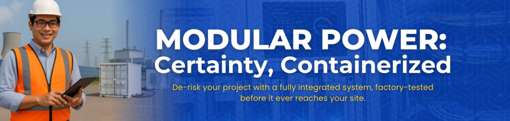 Hero banner for “Modular Power, Smartly Containerised” guidebook—container modules with headline and Power Partners Group branding; CTA to download the guide.