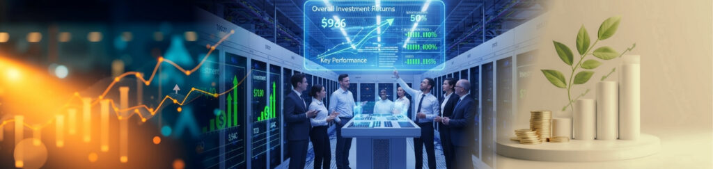 Operational efficiency in modular power—data-centre aisle with growth and sustainability indicators.