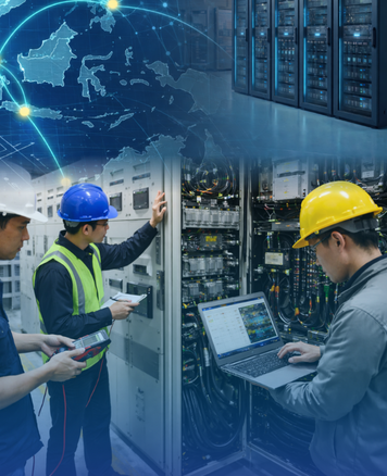 Electrical engineers inspecting UPS and control panels with Southeast Asia network overlay, representing tender-ready documentation for critical power projects.