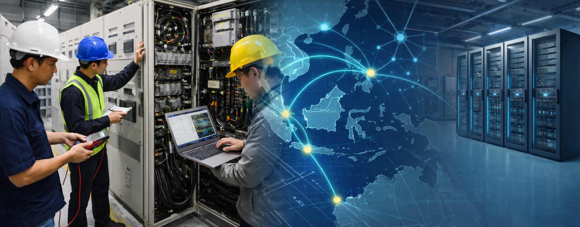 Electrical engineers inspecting power control systems with Southeast Asia infrastructure network overlay, representing tender-ready documentation for critical power projects.