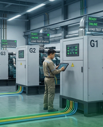 Engineer inspecting generator control panel in a critical power system during commissioning to prevent downtime