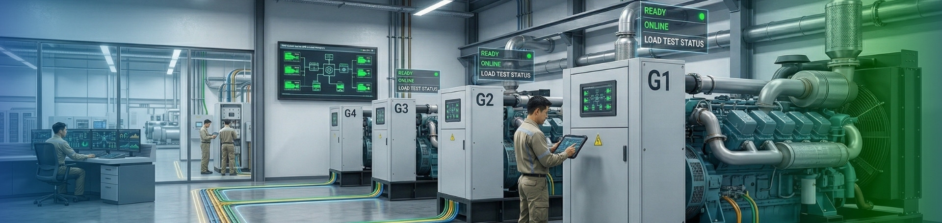 Engineer operating generator control panel and monitoring power systems during commissioning