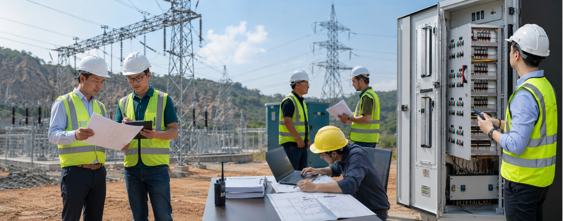Engineering team conducting on-site coordination and technical review for critical power infrastructure and commissioning activities.