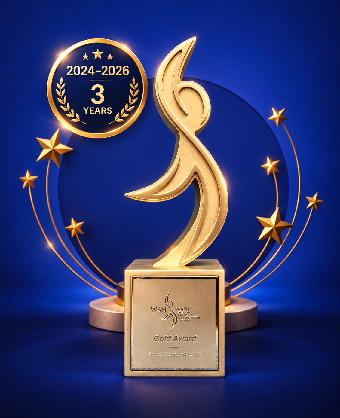 Power Partners’ 2026 bizSAFE Enterprise Exemplary Gold Award trophy with a three-year recognition emblem on a blue and gold background.