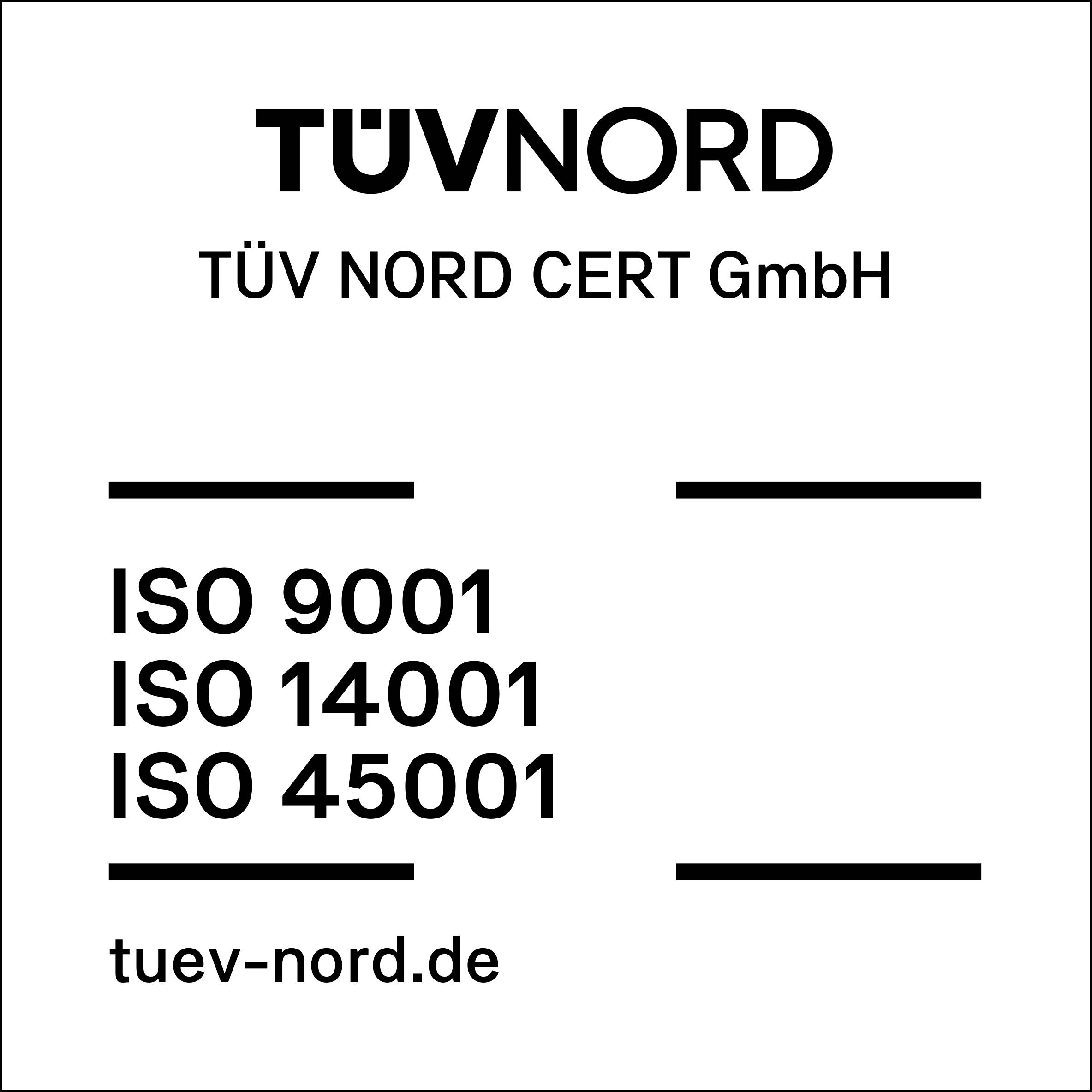 TÜV NORD ISO 9001, ISO 14001 and ISO 45001 certification