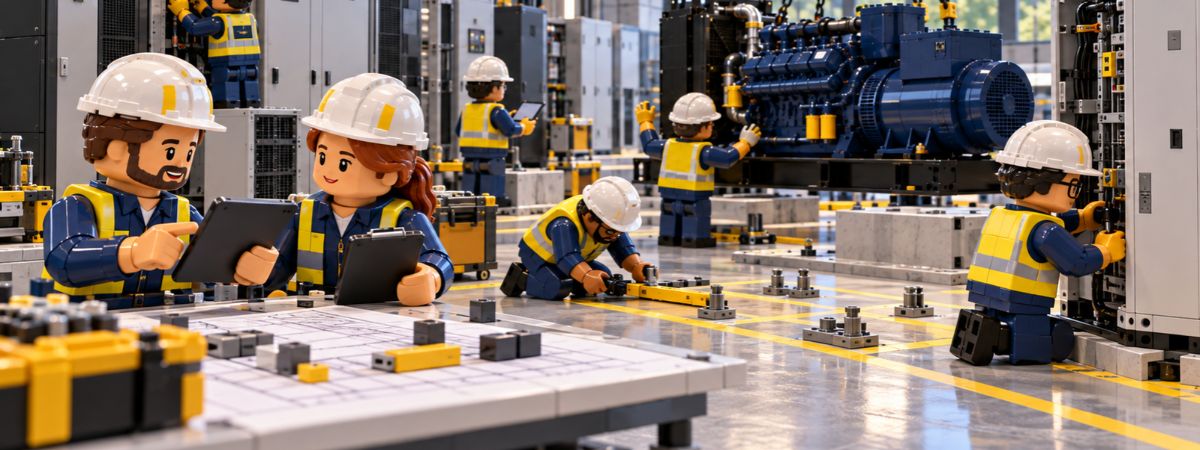 Illustration of technical personnel installing an industrial critical power system