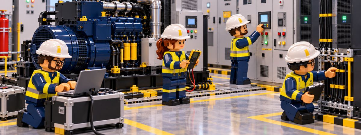 Illustration of engineers conducting critical power testing and commissioning