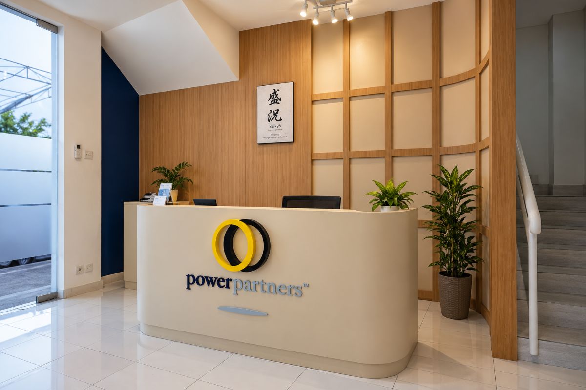 Reception area at PT Power Partners Indonesia's Lippo Cikarang office